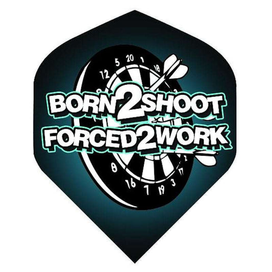 Born 2 Shoot flights durable dart flights with white text on dark teal dartboard background