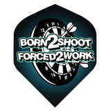 Born 2 Shoot flights durable dart flights with white text on dark teal dartboard background