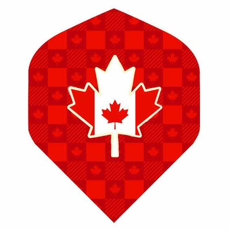 BD Exclusive Flights dart flight featuring red maple leaf design on red checkered background, durable 100 micron material, standard size, set of 3 flights by British Darts.