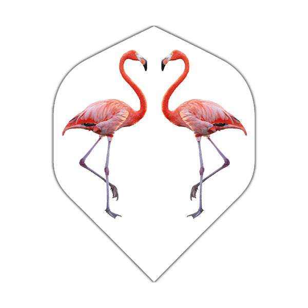 BD Exclusive Flights dart flight with pink flamingo design on white background, durable 100 Micron standard size