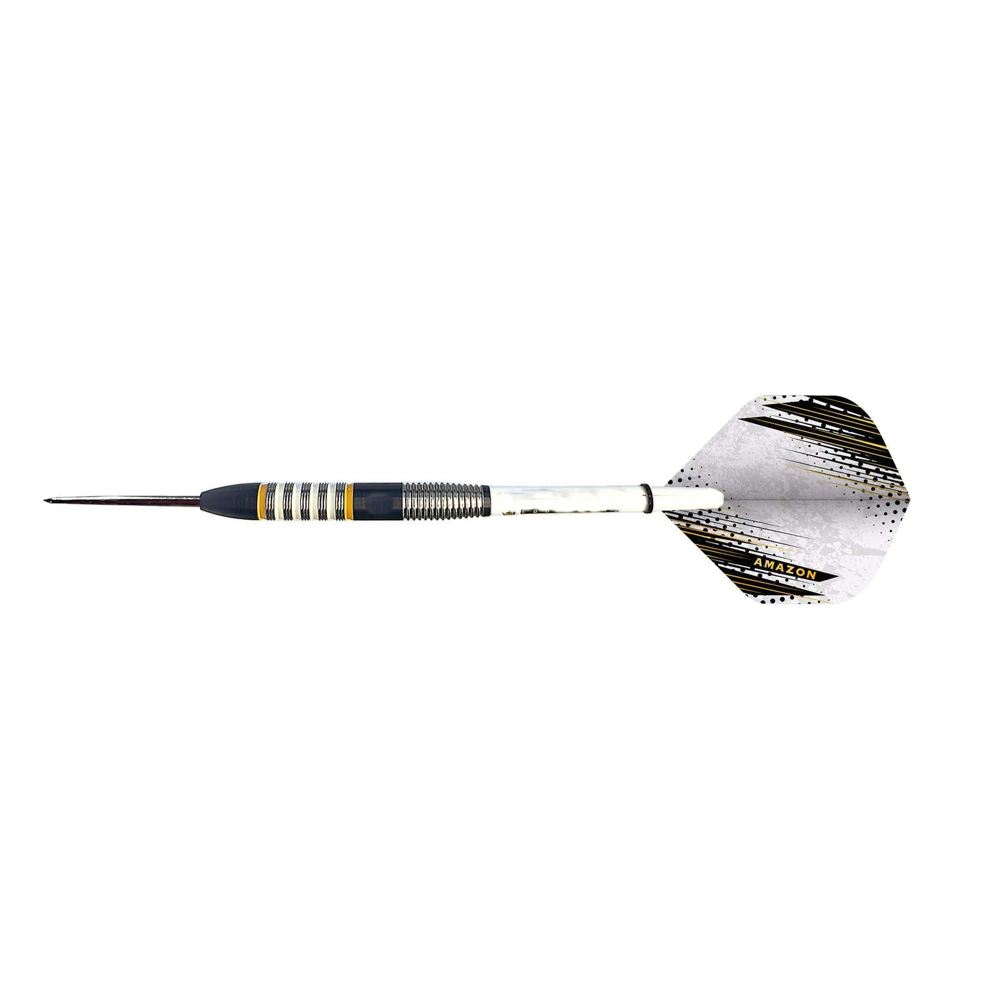 BD Gold 80% Tungsten Darts with a black barrel, gold and silver ring detailing, white shaft, and silver patterned flight.