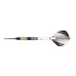 BD Gold 80% Tungsten Darts with a black barrel, gold and silver ring detailing, white shaft, and silver patterned flight.