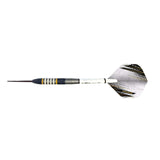 BD Gold 80% Tungsten Darts with a black barrel, gold and silver ring detailing, white shaft, and silver patterned flight.