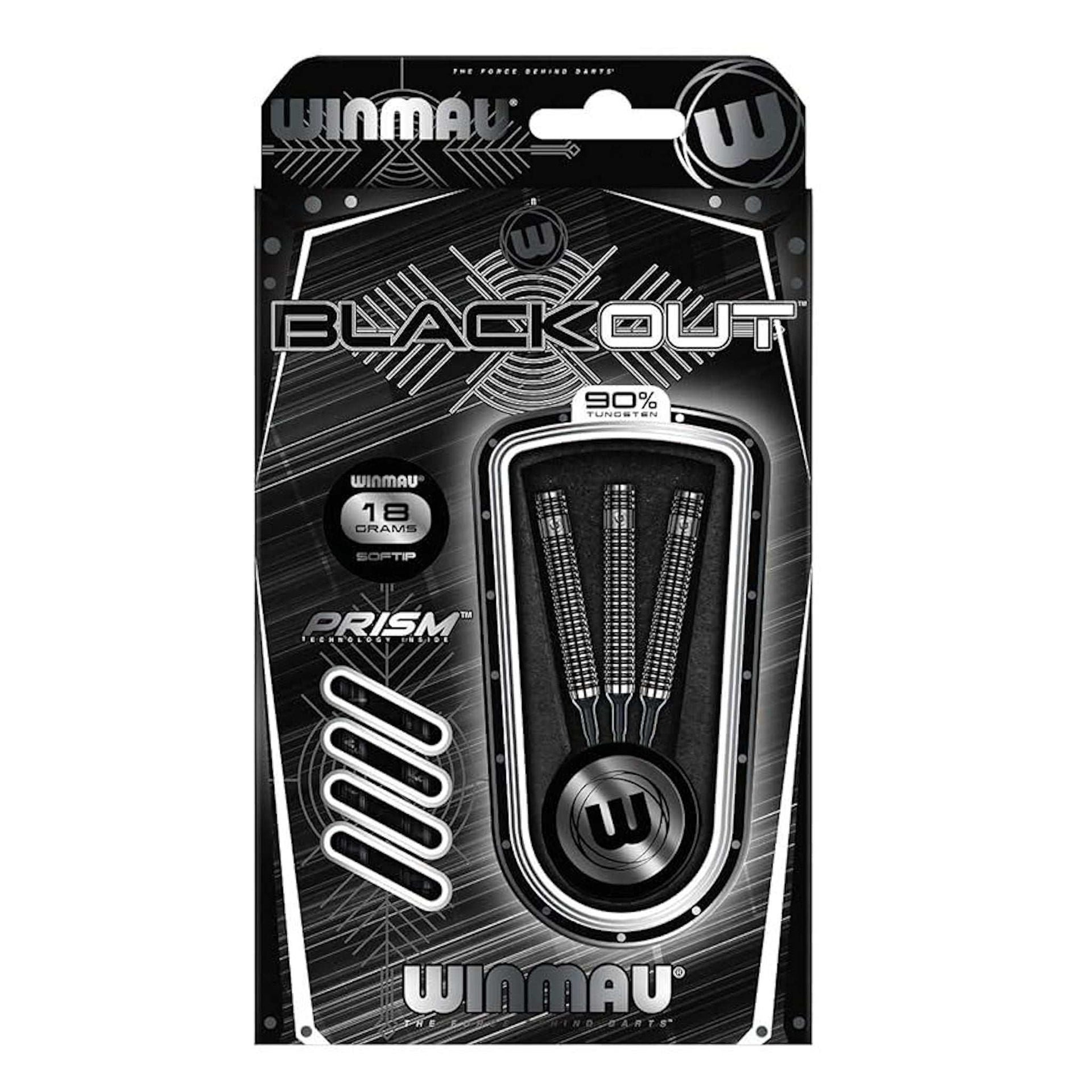 Winmau Blackout 90% Tungsten soft tip darts set with prism flights and shafts in black packaging