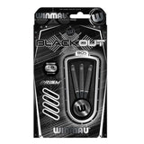 Winmau Blackout 90% tungsten soft tip darts set with Prism flights and shafts in black packaging