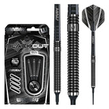 Winmau Blackout 90% Tungsten soft tip darts with Prism Alpha flights and Force medium shafts in black design