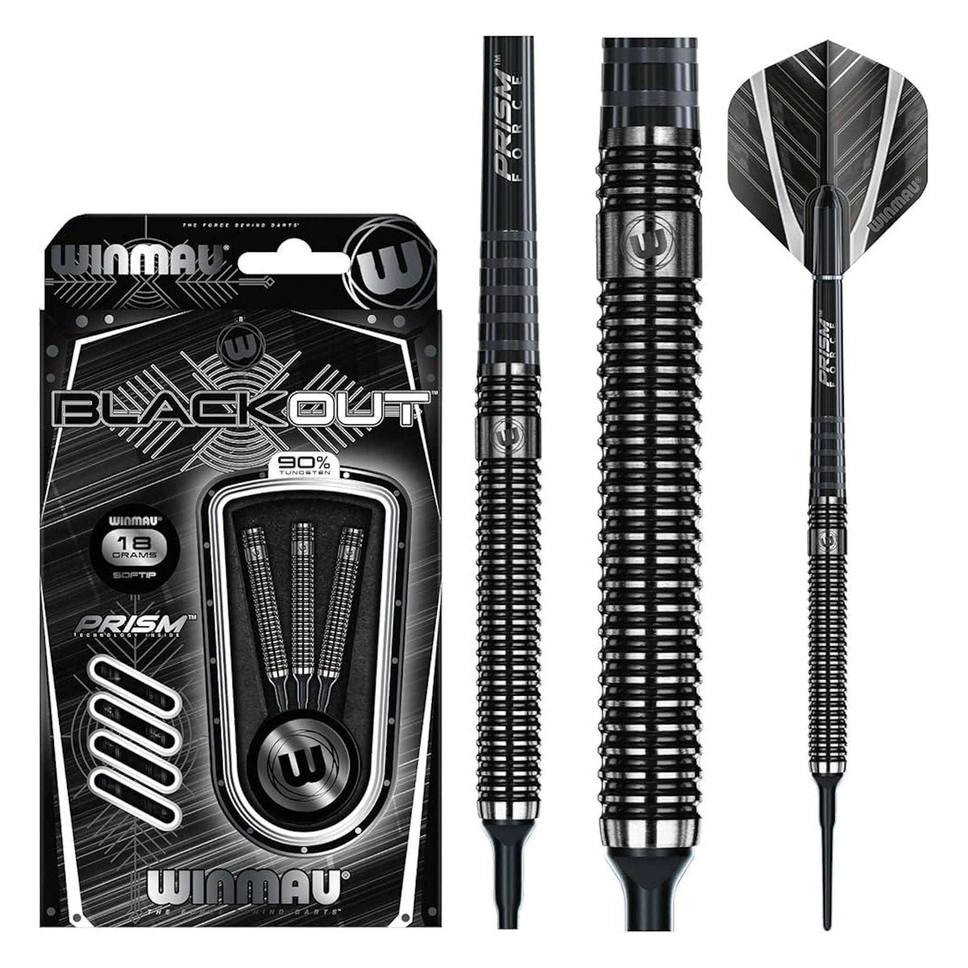 Winmau Blackout 90% tungsten soft tip darts with prism alpha flights and force medium shafts in black packaging