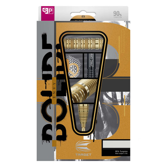 Bolide Envy 90% Tungsten packaged darts with gold shafts on a white background