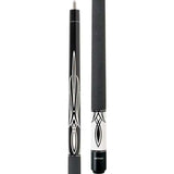 Action Black & White Cue with 13mm boar skin tip and adjustable weight bolts, featuring hard rock maple shaft and stylish black and white design