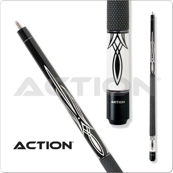Action Black & White Cue with 13mm boar skin tip, hard rock maple shaft, and adjustable weight bolts