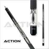 Action Black & White Cue with 13mm boar skin tip, hard rock maple shaft, and adjustable weight bolts