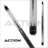 Action Black & White Cue with 13mm boar skin tip and hard rock maple shaft, adjustable weight bolts, sleek black and white design