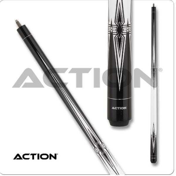 Action Black & White Cue with 13mm boar skin tip, hard rock maple shaft, and adjustable weight bolts for billiards