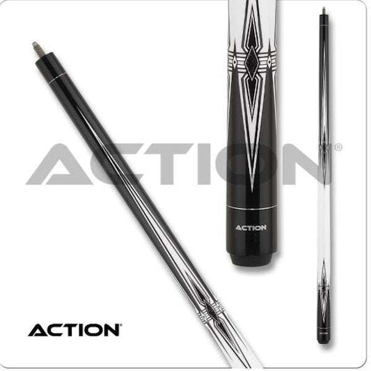 Action Black & White Cue with 13mm boar skin tip, hard rock maple shaft, and adjustable weight bolts for billiards