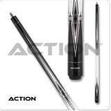 Action Black & White Cue with 13mm boar skin tip, hard rock maple shaft, and adjustable weight bolts for billiards
