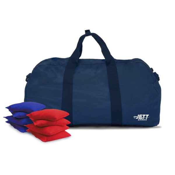 A black carrying bag with two top handles  on a white background with stacked red and blue bean bags in front.