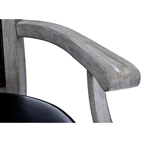 Close-up of rustic grey Brunswick Centennial Bar Stool armrest and black swivel seat