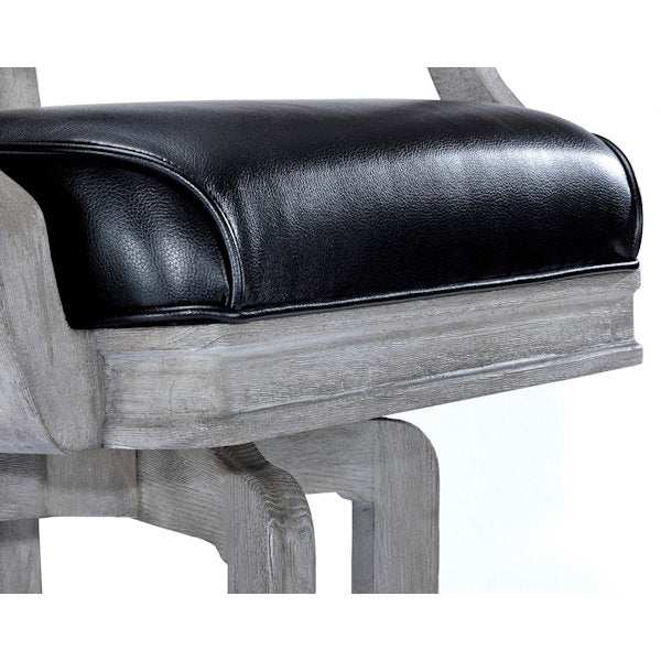 Close-up of Brunswick Centennial Bar Stool with black leather seat and rustic grey wooden frame