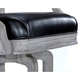 Close-up of Brunswick Centennial Bar Stool with black leather seat and rustic grey wooden frame