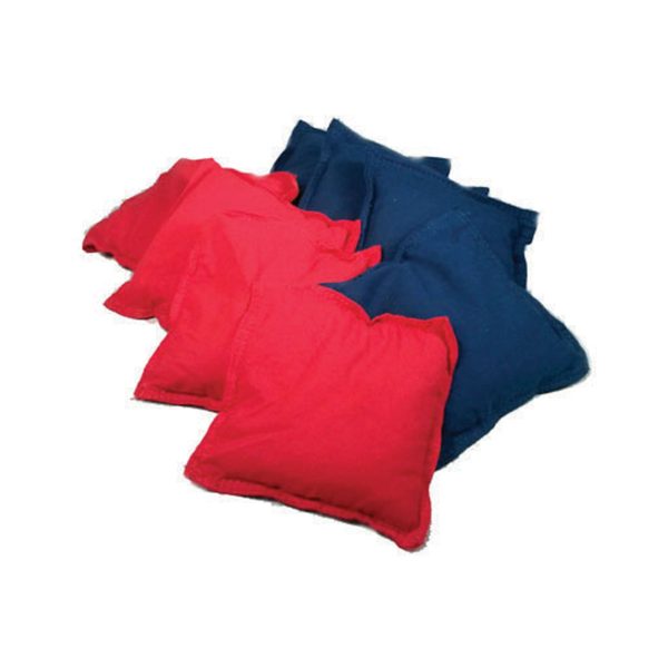 Four fabric cornhole bean bags in red and blue, arranged in a fan shape on a plain white background.