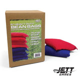Box of 6" Heavy Duty Beanbags with red and blue beanbags on a white background, featuring Jett Games branding.