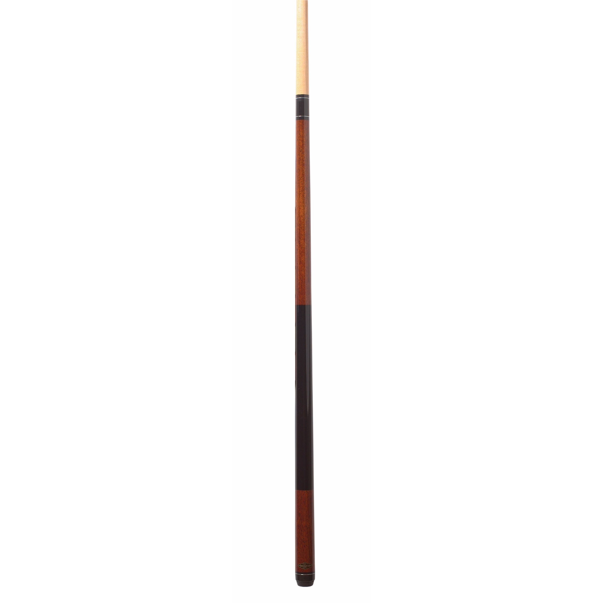 Pool cue with brown and black design on a white background