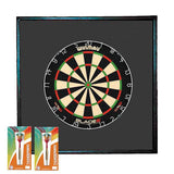BD Combo dart set with Blade 6 dartboard, black wood surround, and two sets of Thunderbird brass darts