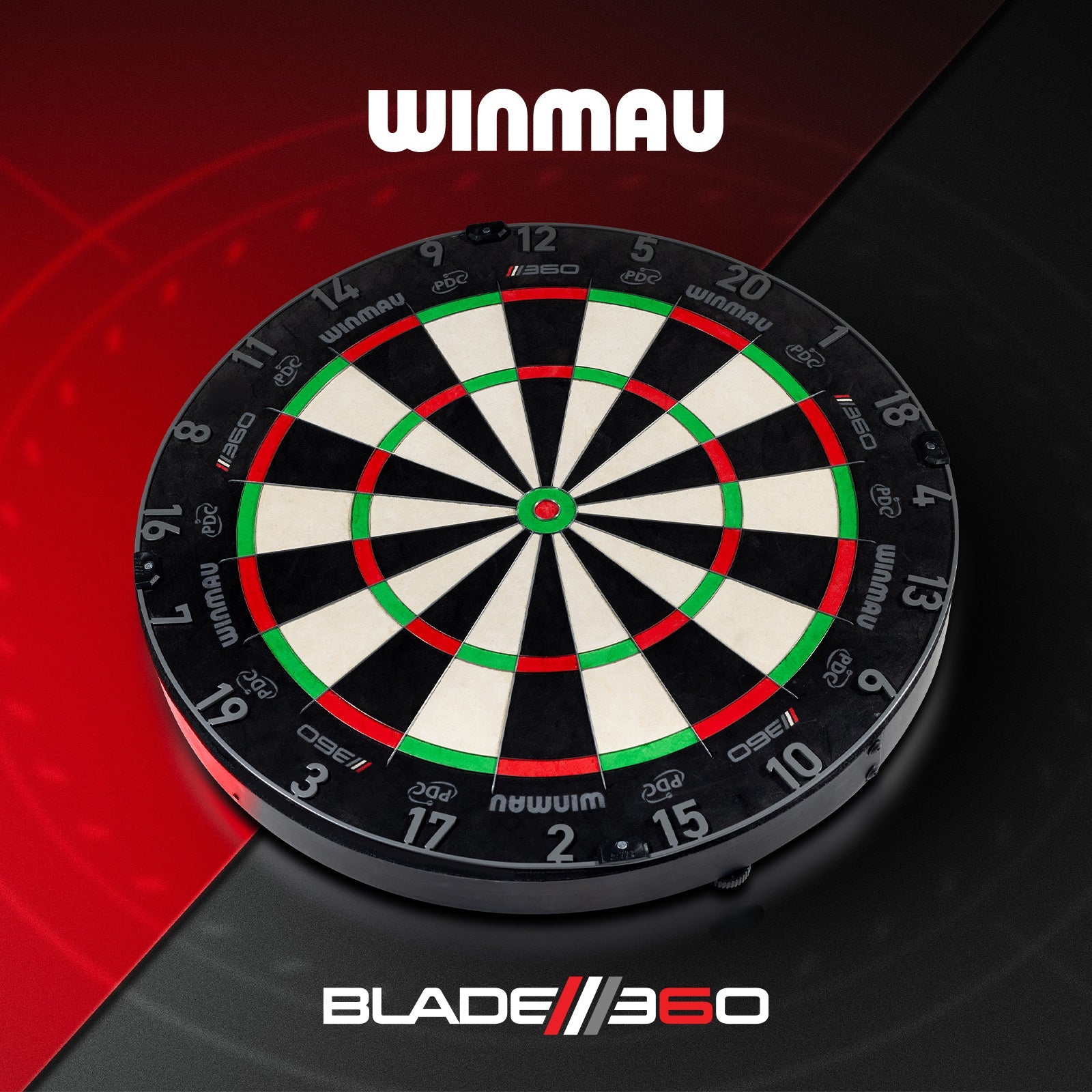 Winmau dartboard with 'Blade 360' branding on a red and black background