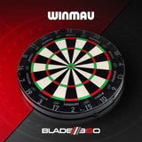 Winmau dartboard with 'Blade 360' branding on a red and black background