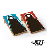 Two wooden cornhole boards with a retro racing design, shown on a white background with the JETT GAMES logo. One board has a blue and black design, and the other has a red and black design.