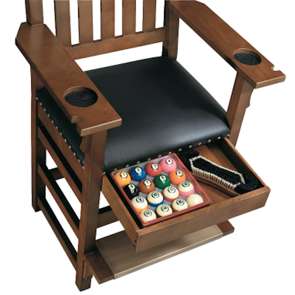Brunswick Centennial Player's Chair with black cushion, wooden frame, cue notches, cup holders, and storage drawer for billiard accessories
