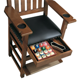 Brunswick Centennial Player's Chair with black cushion, wooden frame, cue notches, cup holders, and storage drawer for billiard accessories