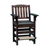 Brunswick Centennial Player's Chair with pin-nailed cushion, cue notches, cup holders, footrest, and hidden drawer in dark wood finish