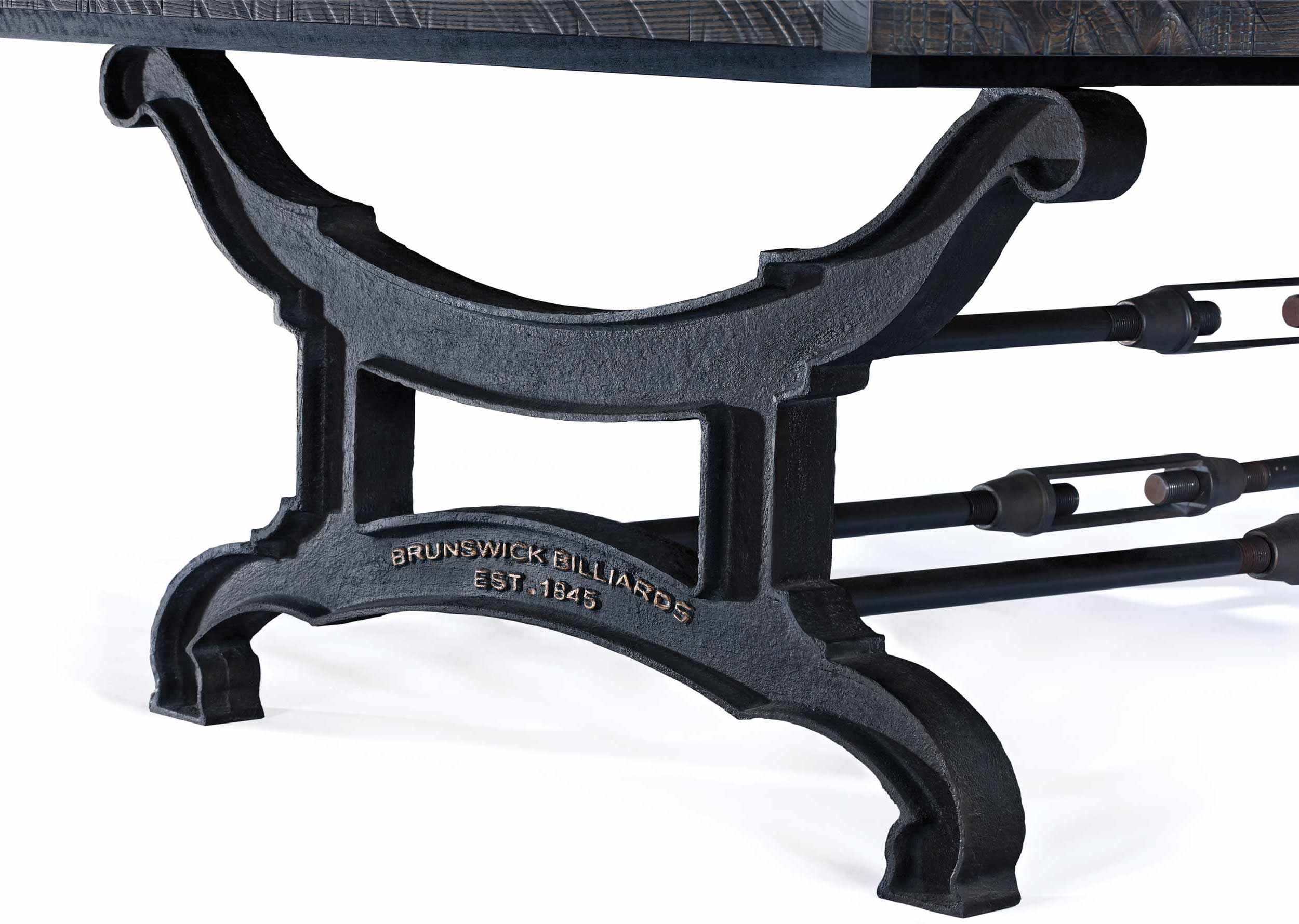 Cast iron decorative pedestal base of Birmingham Pool Table by Brunswick Billiards with rugged, industrial loft-style design