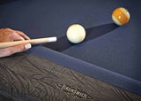 Close-up of Birmingham Pool Table by Brunswick Billiards with charcoal finish, premium slate, and traditional woolen cloth featuring hand-hammered rail sights and enclosed pockets.
