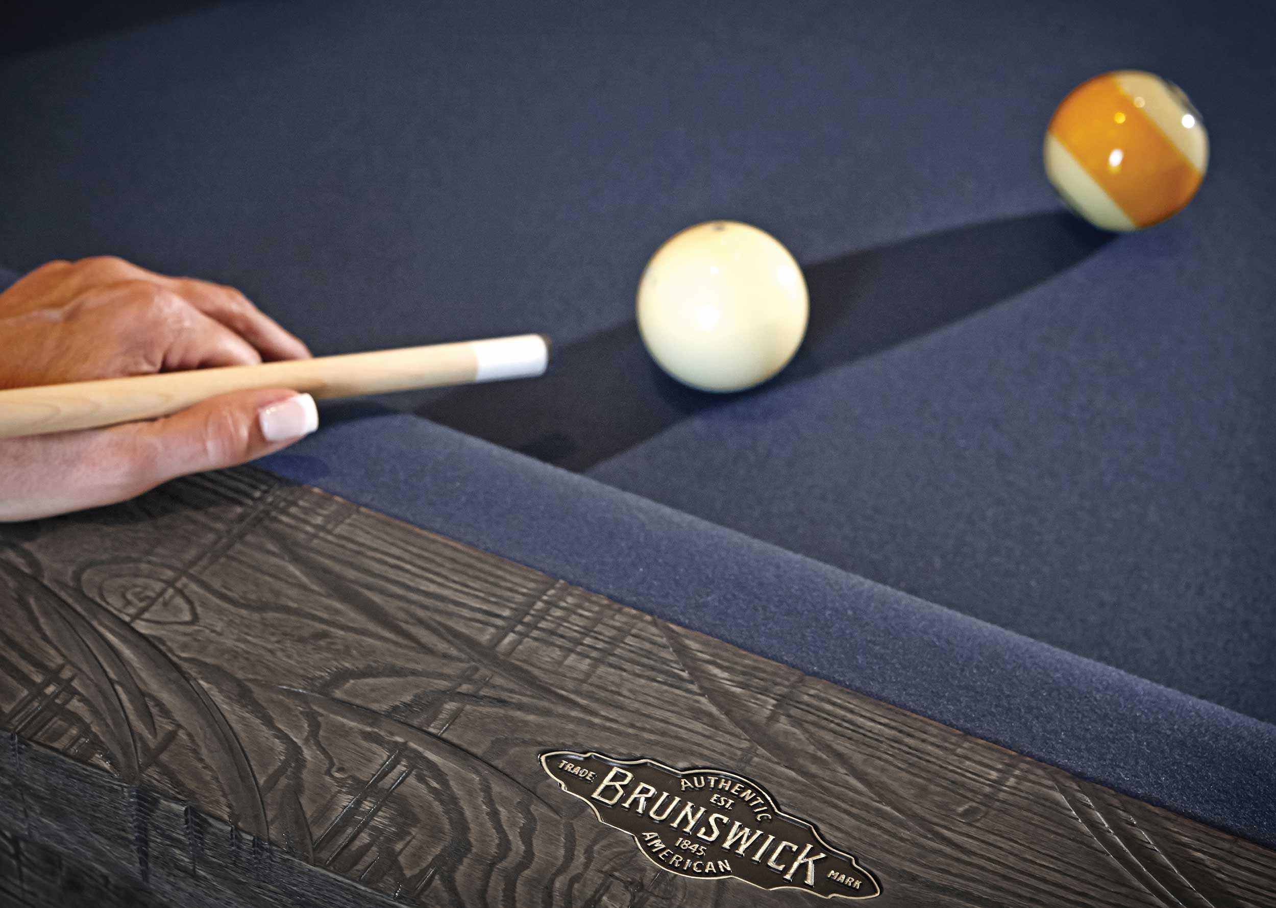 Birmingham Pool Table by Brunswick with charcoal woolen cloth and rustic wood finish detail
