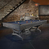 Birmingham Pool Table by Brunswick Billiards with industrial loft-style design, distressed finish, cast iron pedestal, and navy woolen cloth in a modern game room setting