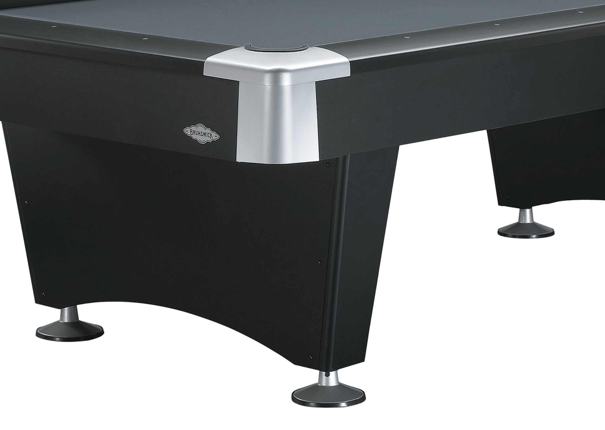 Close-up of Black Wolf II Table by Brunswick showing matte black finish, metal rail pocket corners, and standard legs with drop pockets