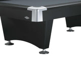Close-up of Black Wolf II Table by Brunswick showing matte black finish, metal rail pocket corners, and standard legs with drop pockets