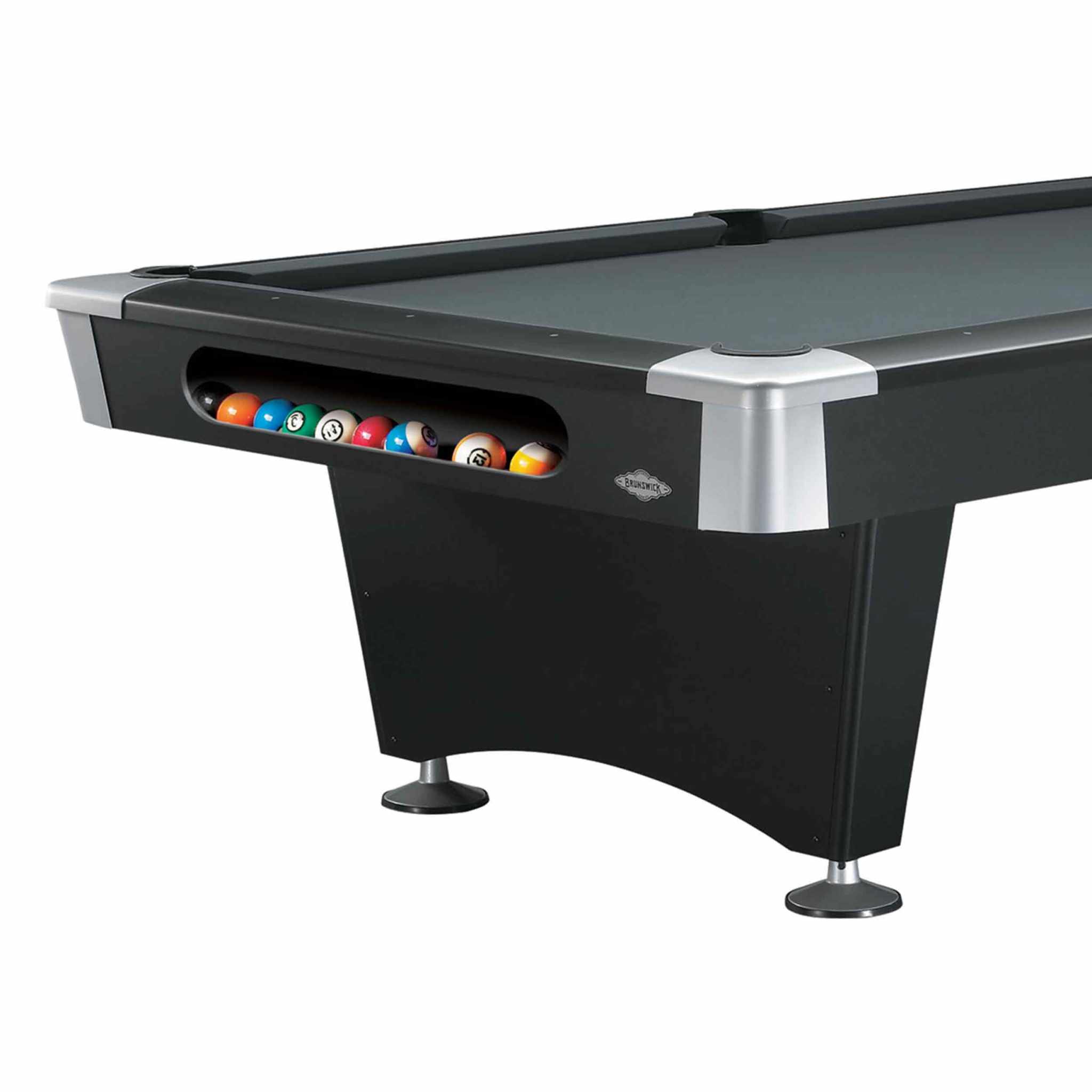 Black Wolf II Table by Brunswick in matte black finish with drop pockets and round rail sights, available in 7 ft. and 8 ft. sizes