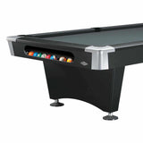 Black Wolf II Table by Brunswick in matte black finish with drop pockets and round rail sights, available in 7 ft. and 8 ft. sizes