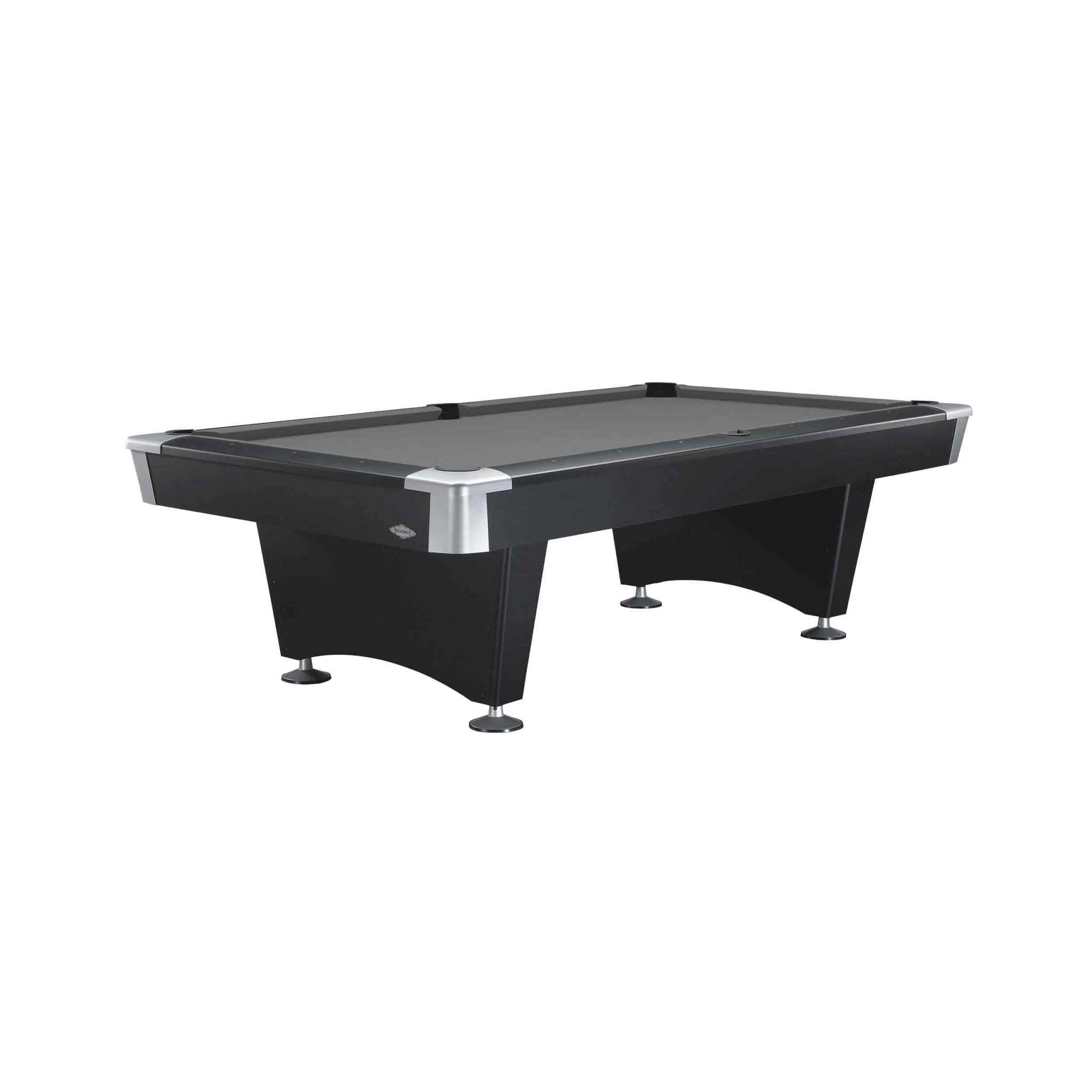 Black Wolf II Table by Brunswick in matte black with durable metal rail pocket corners and round rail sights, available in 7 ft or 8 ft sizes.