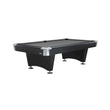 Black Wolf II Table by Brunswick in matte black with durable metal rail pocket corners and round rail sights, available in 7 ft or 8 ft sizes.