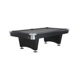 Black Wolf II Table by Brunswick in matte black with durable metal rail pocket corners and round rail sights, available in 7 ft or 8 ft sizes.