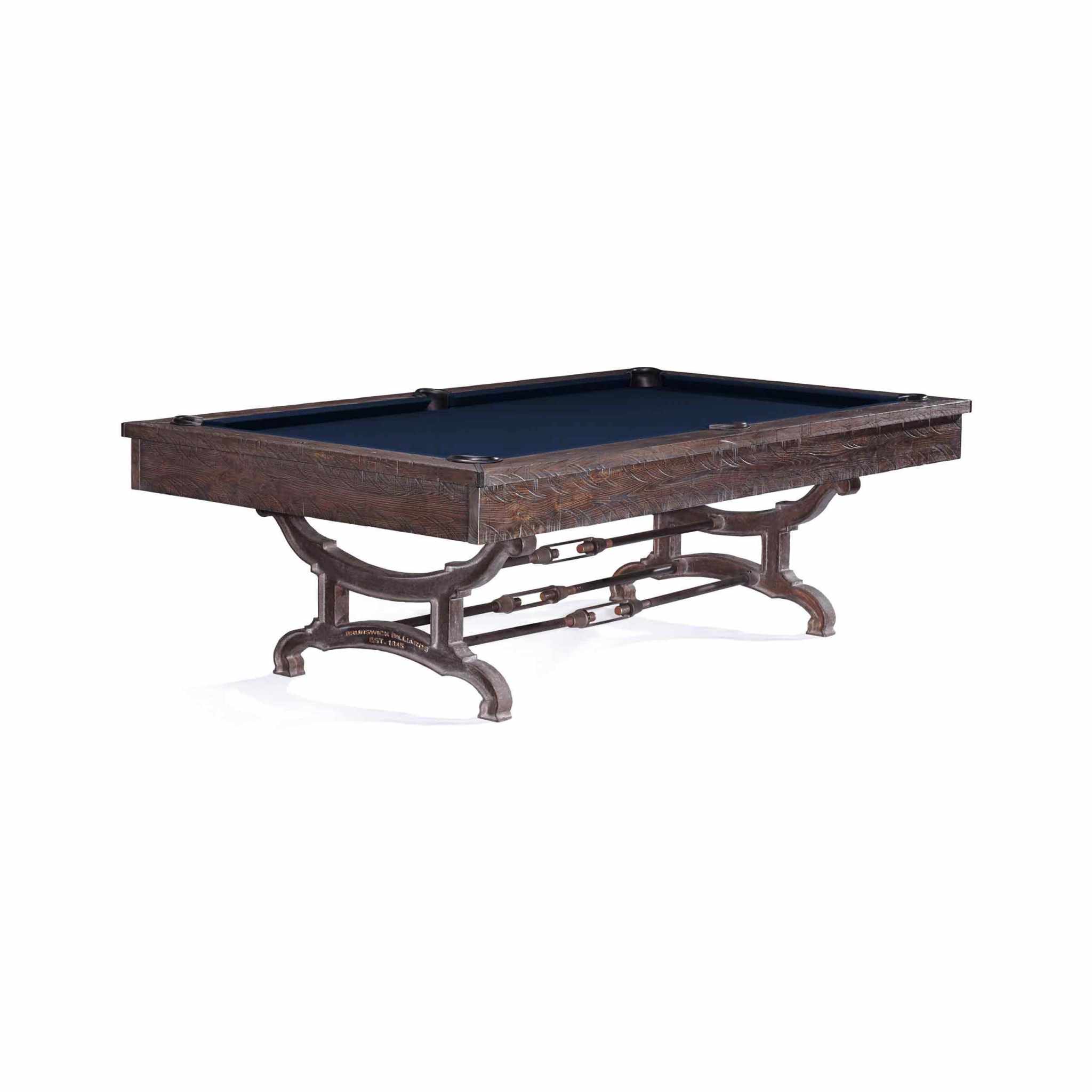 Birmingham Pool Table by Brunswick Billiards with distressed wood finish and cast iron pedestal legs, industrial vintage design, 8 or 9 ft size options
