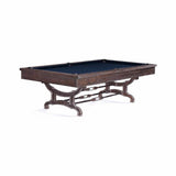 Birmingham Pool Table by Brunswick Billiards with distressed wood finish and cast iron pedestal legs, industrial vintage design, 8 or 9 ft size options
