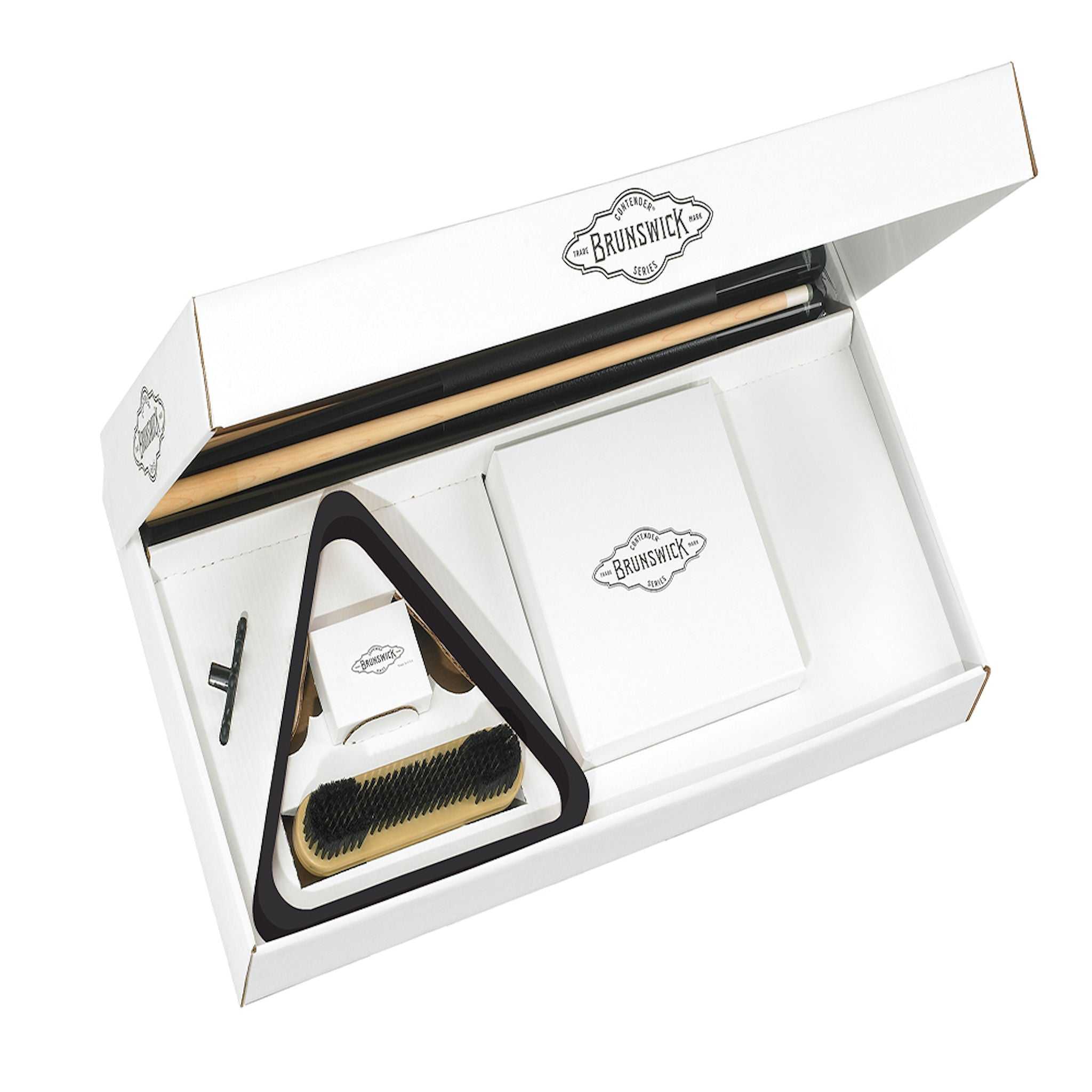 Brunswick Play Package billiard accessory set with cues, balls, bridge stick, rack, brush, and chalk in branded box