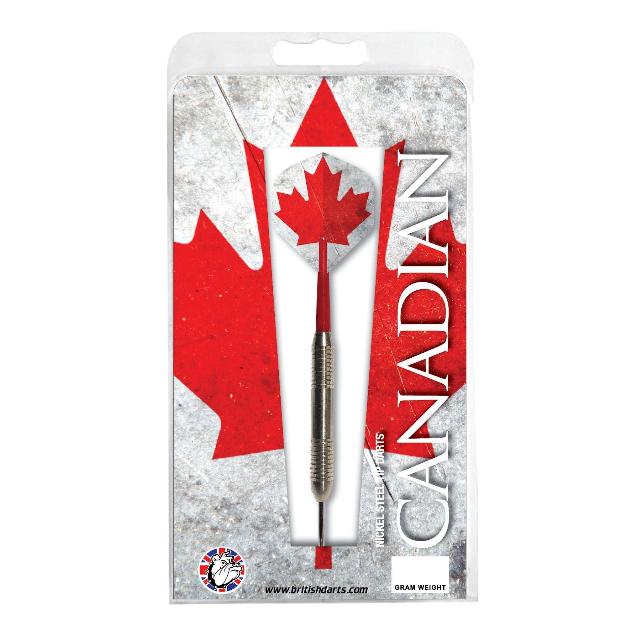 Canadian Nickel Darts set with nickel barrels, Canadian flag flights, and red nylon short shafts in packaging