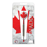 Canadian Nickel Darts set with nickel barrels, Canadian flag flights, and red nylon short shafts in packaging