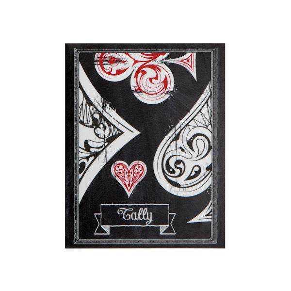 Decorative Bridge Tallies card with intricate black, white, and red playing card suit designs and "Tally" text on banner
